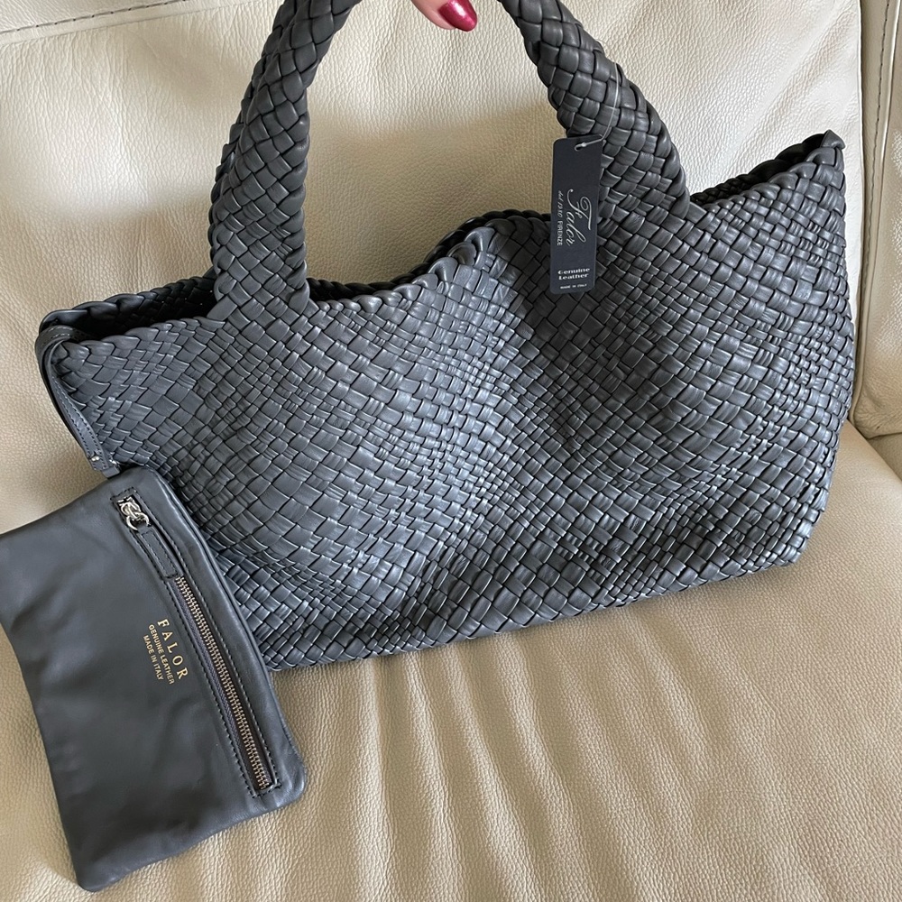 FALOR Italian Woven Leather, DARK GREY TOTE Shoulder Bag XL Soft Buttery NWT